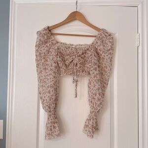 O. Vianca Floral Puff Sleeve Ruched Off The Shoulder Crop Top Size Large